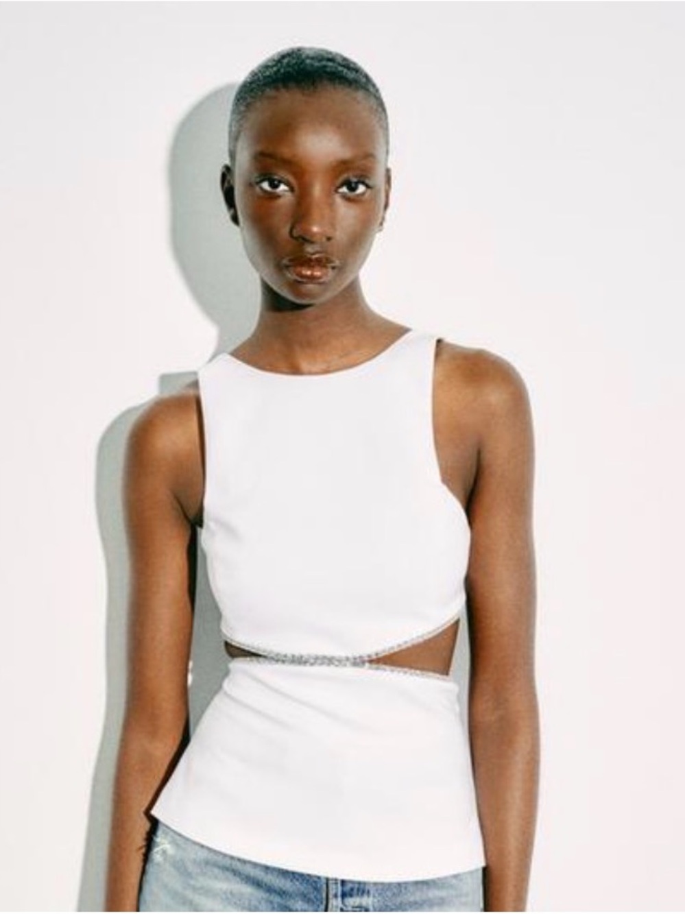 Zara White Sleeveless Cutout Top with Decorative Bling Trim - Picture 2 of 13